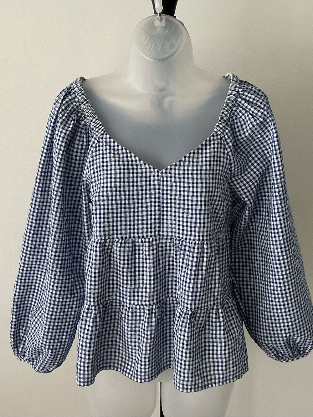 Old Navy Women’s Navy Blue & White Gingham Tiered Swing Top – XS